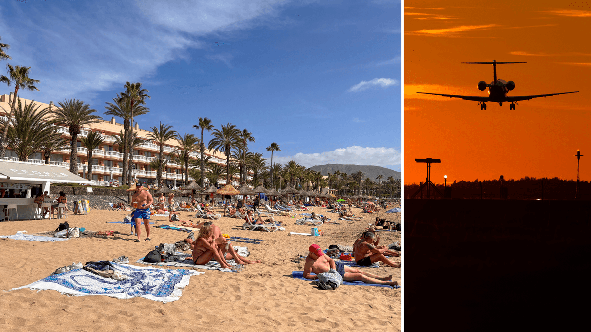 Människor på en strand efter flygresor till vänster och ett flyg i luften till höger.