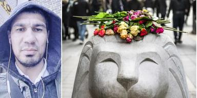 Terroristen Rakhmat Akilov och betonglejon på Drottninggatan i Stockholm