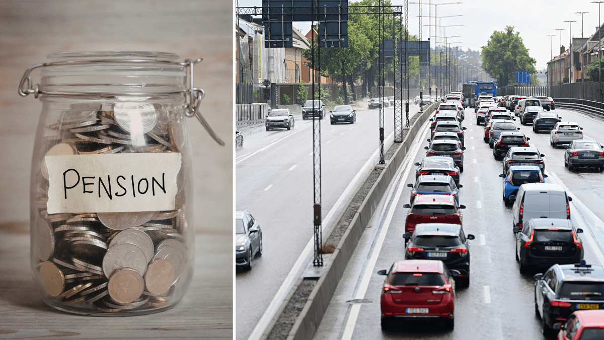 En burk med mynt som det står pension på till vänster och en väg med körande bilar till höger.