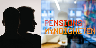 Två siluetter av personer som fuskar med bidrag och pensionsmyndighetens logga.