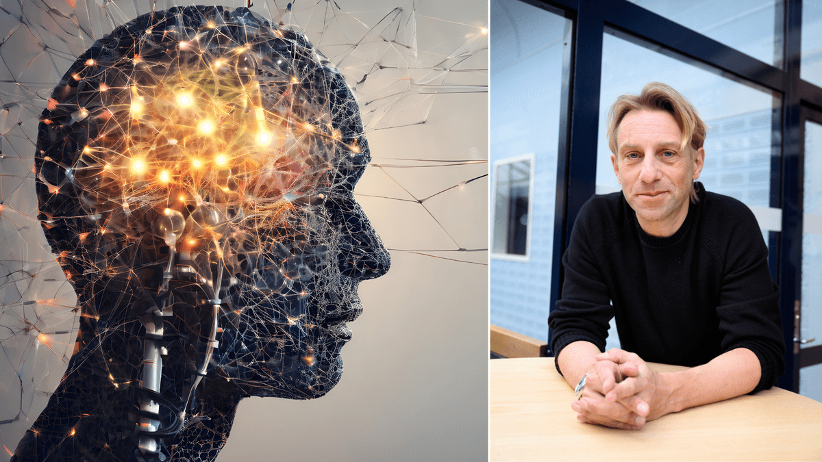 Hjärnan till vänster och en blond man vid ett bord till höger.
