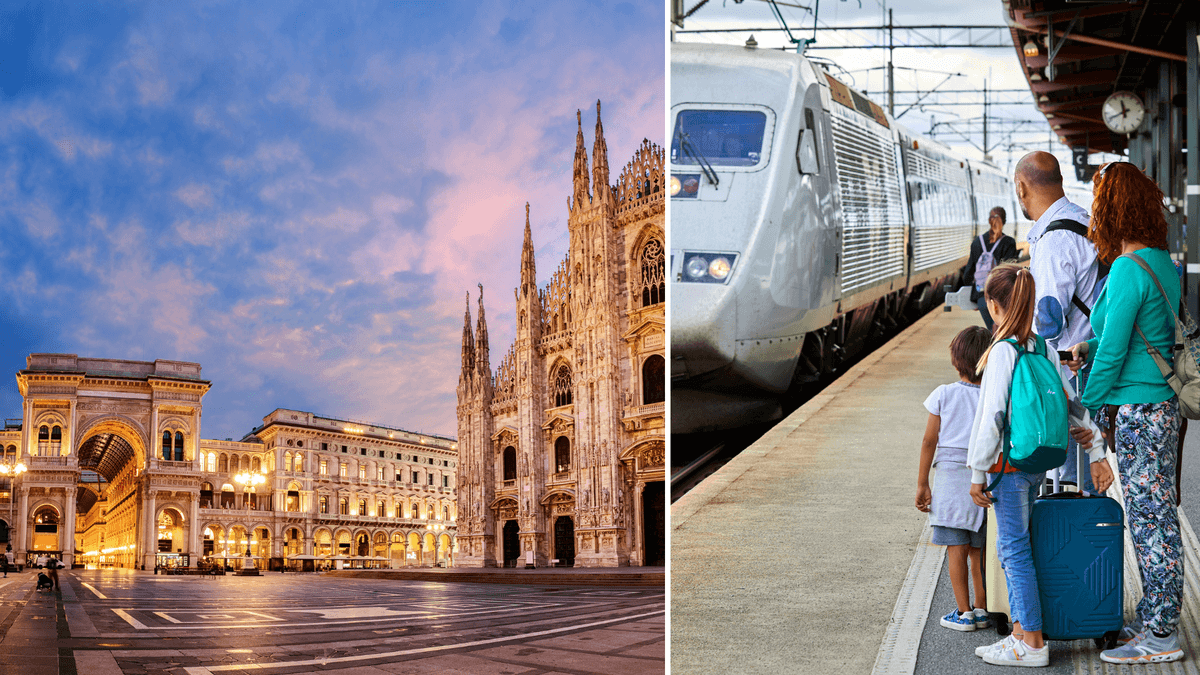 En familj på en tågperrong påväg till Italien.