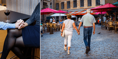 Två kärlekspar, på olika bilder, som håller hand.