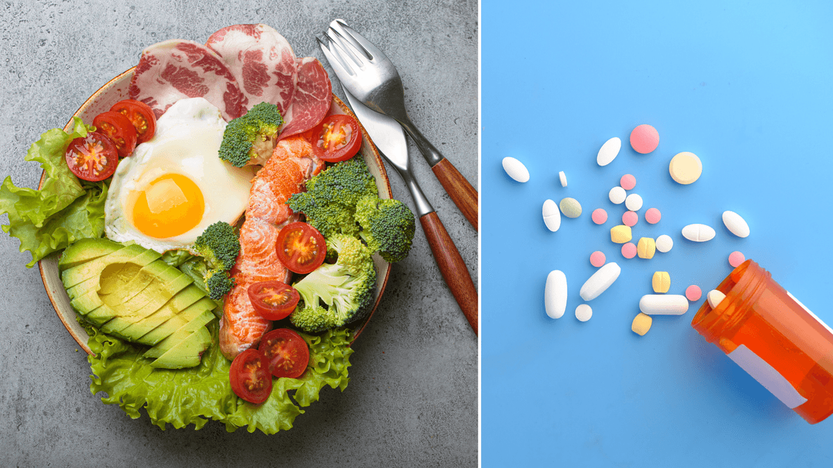 En tallrik med ketodiet till vänster och piller till höger.