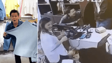 En kvinna som håller upp en tröja till vänster och en grupp kvinnor som skrattar i en butik till höger.