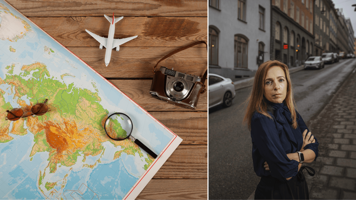 En karta och en leksaksflygplan till vänstweer, då många tar lån för resor. En kvinna framför Finansinspektionen till höger.