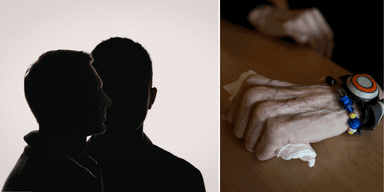 Två siluetter till vänster och en åldrad hand med trygghetslarm från äldreomsorgen.