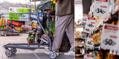 En kundvagn fylld med varor och prisskyltar som byts ut då matmomsen halveras.
