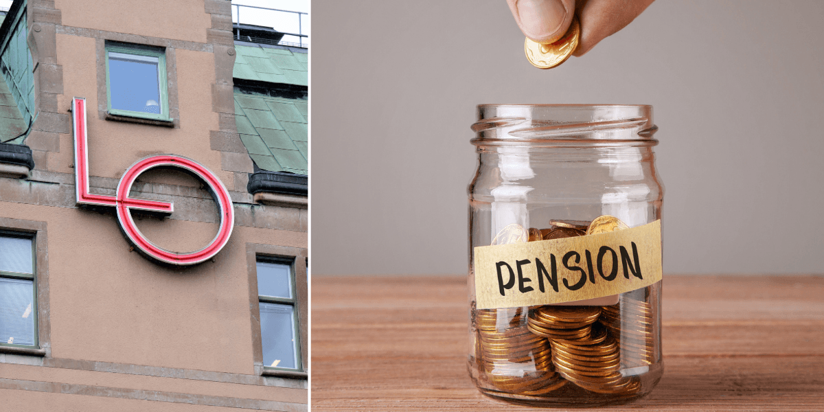 LO:s logga till vänster och em burk med pengar som det står pension på.