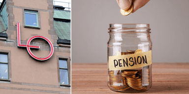 LO:s logga till vänster och em burk med pengar som det står pension på.