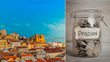 Portugal till vänsten och en burk med mynt som det står pension på till höger.