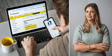 En person som deklarerar digitalt till vänster och en blond kvinna som ger råd och skatteåterbäring till höger.