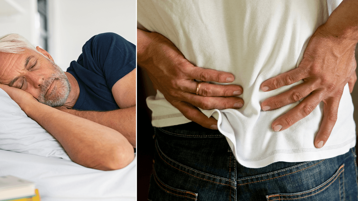 En äldre man som sover i en sovställning till vänster och en man med ryggont till höger.