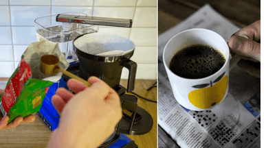 En person brygger kaffe, kaffekopp