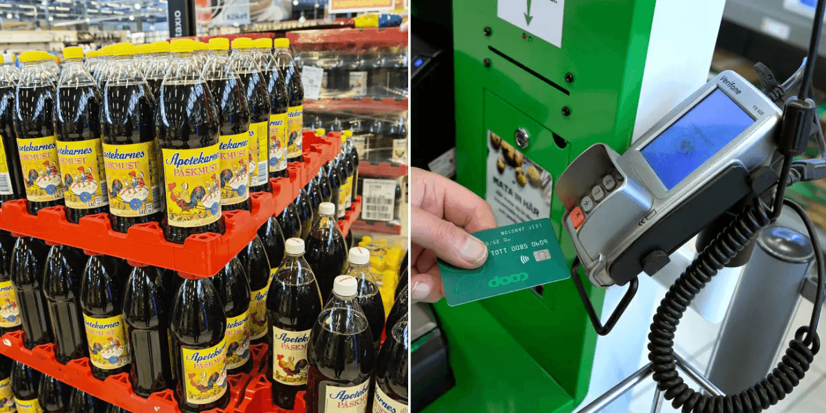 Till vänster: påskmust Till höger: Kortbetalning i livsmedelsaffären COOP.