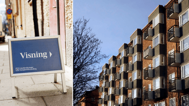 En skylt som det står visning på till vänster och bostadsrätter till höger.