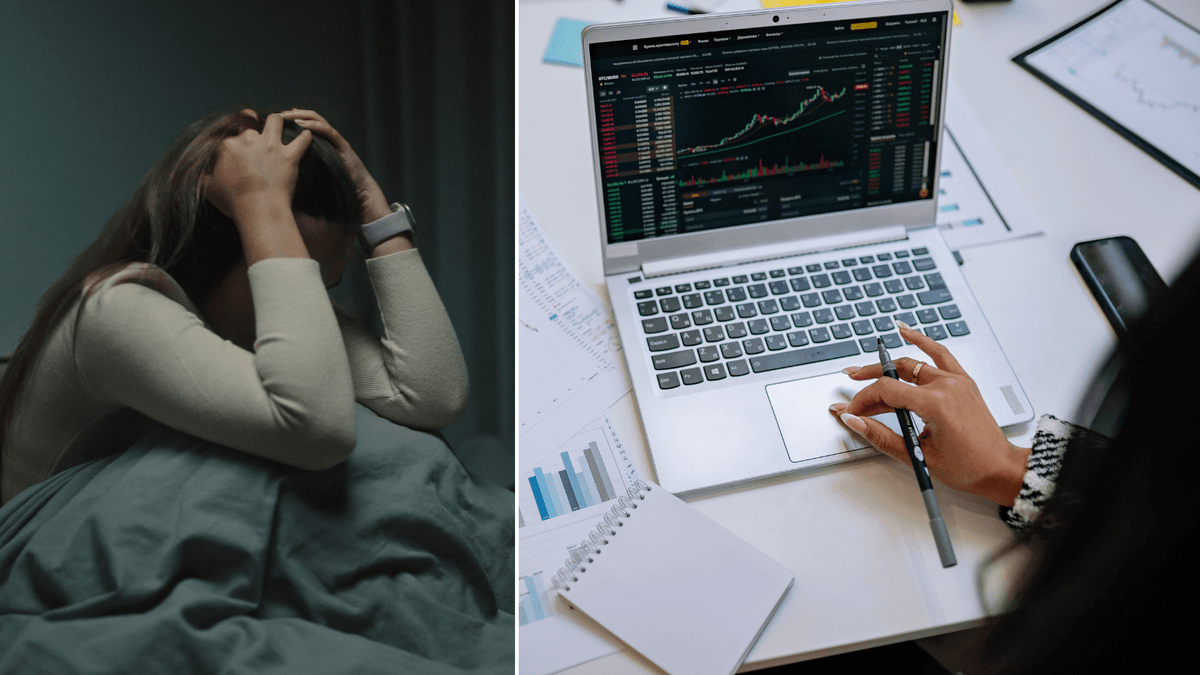 En kvinna som har ångest i sin säng till vänster och en kvinna som ser över sin ekonomi till höger.