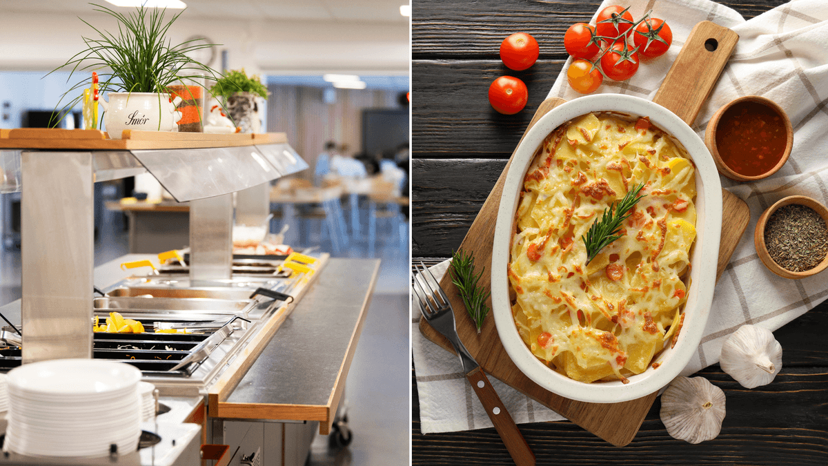 skolmatsal, gratäng med kassler