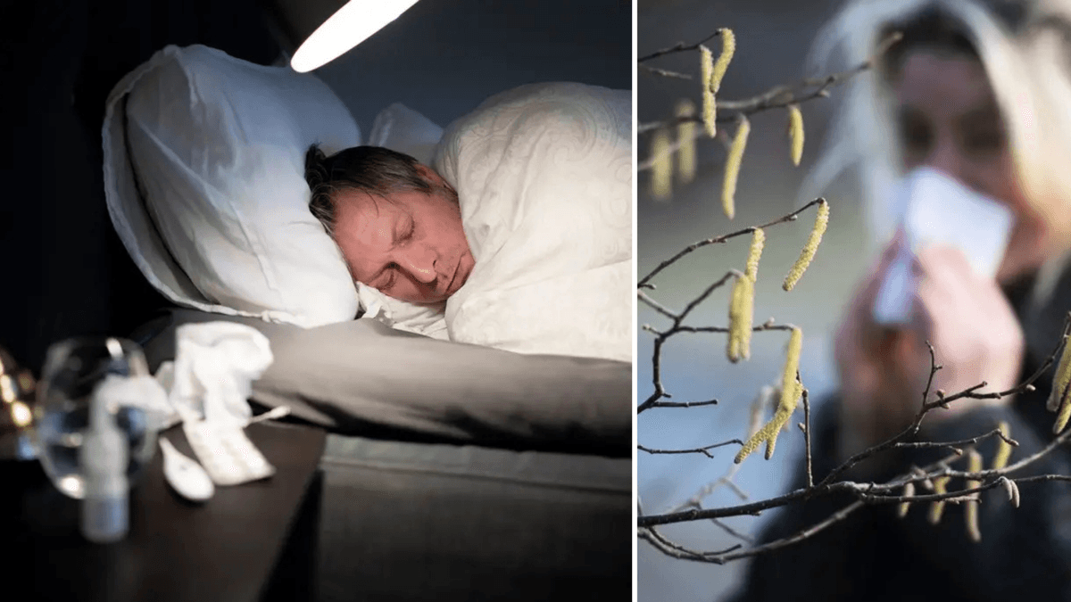 man med förkylning, kvinna med pollenallergi