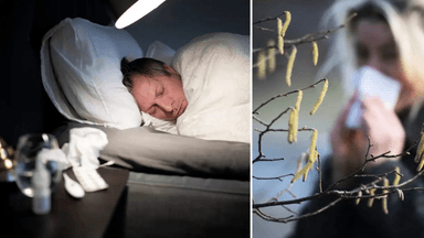 man med förkylning, kvinna med pollenallergi