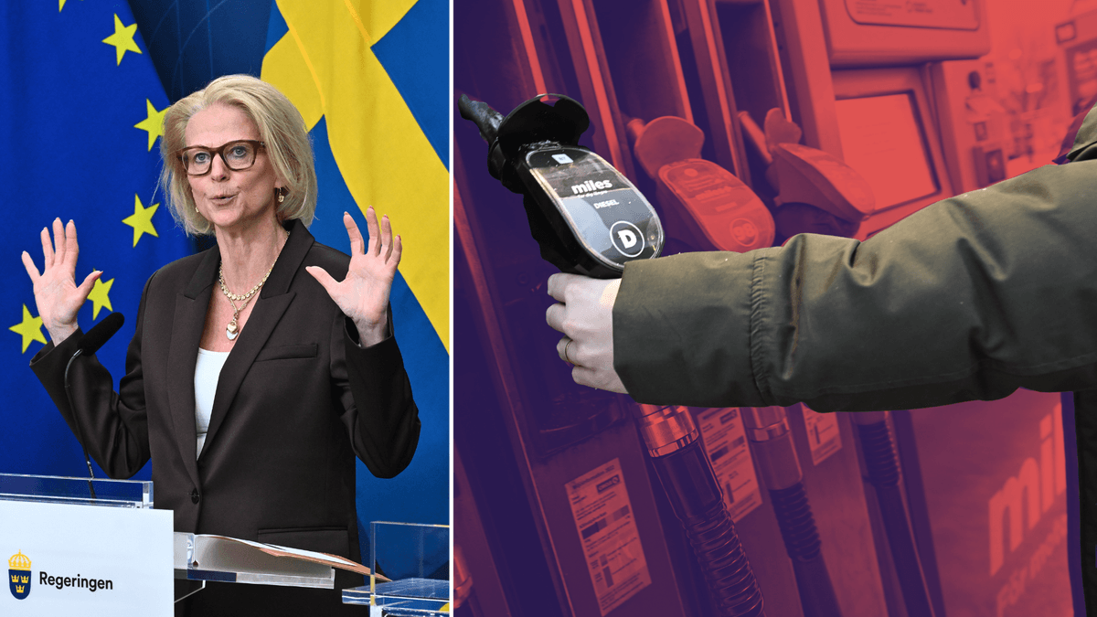 Elisabeth Svantesson vid en pressträff till vänster och en som tankar bränsle till höger.