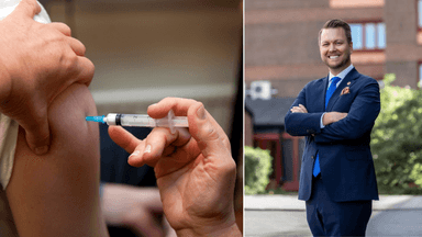 En som blir vaccinerad mot bältros till vänster och en man i kostym till höger.