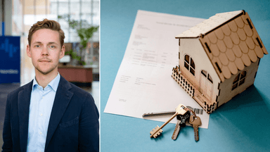 En ung man till vänster framför en Nordeaskylt och ett bolån till höger.