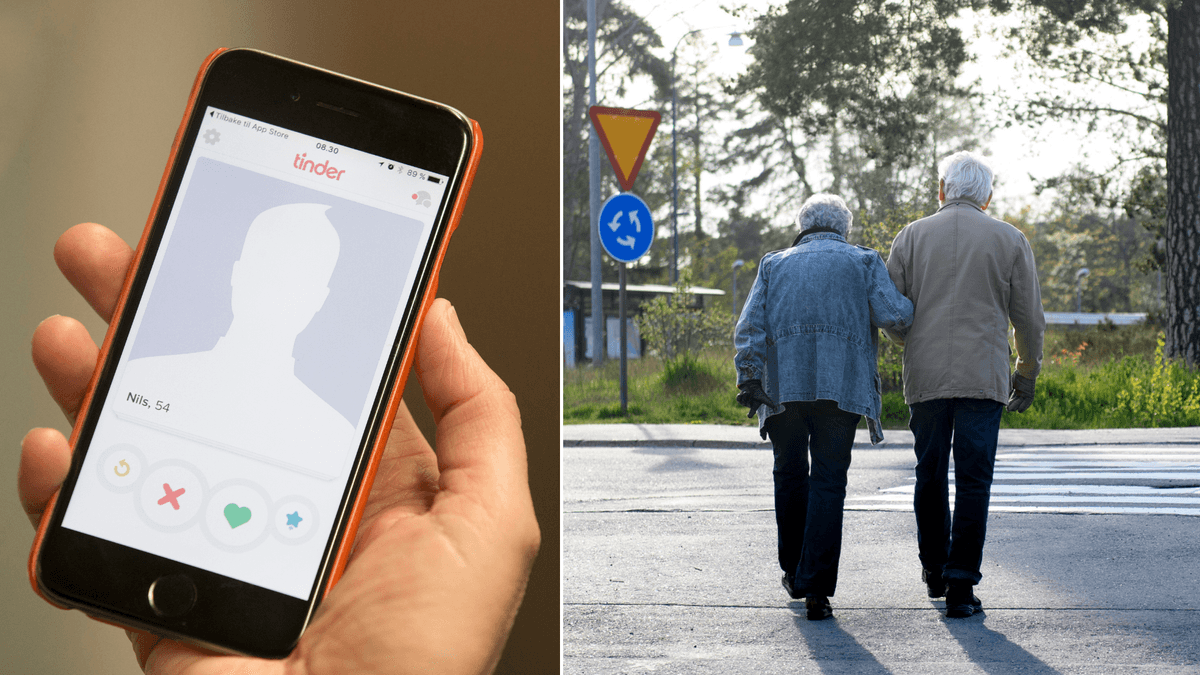 En dejtingapp på en mobil till vänster och ett äldre par på promenad till höger.