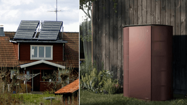 Solpaneler på en villa till vänster och lagring av solenergi till höger.