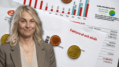 En kvinna som kan elstödet i förgrunden framför elräkningar.