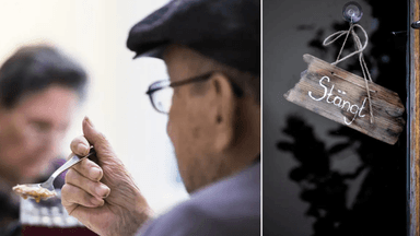 äldre som äter, stängt-skylt