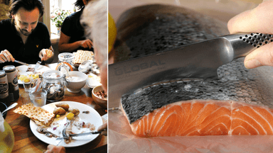 Personer som äter fisk till vänster och en kniv som skär i en rå laxfilé till höger.