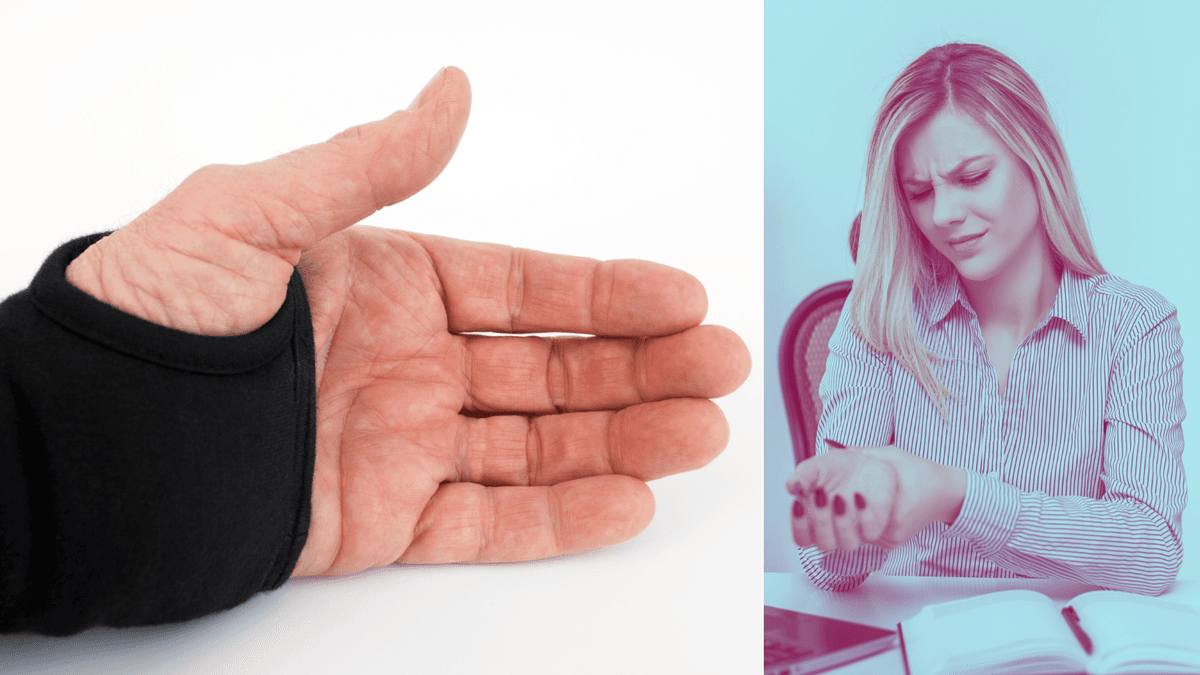 En hand med handledsskena till vänster och en kvinna med karpaltunnelsyndrom till höger.