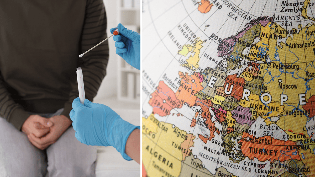 En person som testar sig för könssjukdomar till vänster och en karta över Europa till höger.