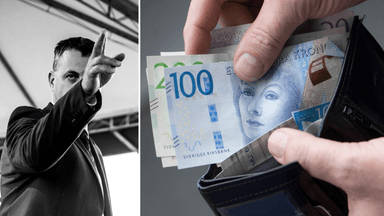 En chef som pekar med hela handen om lön till vänster, och en plånbok med sedlar till höger.
