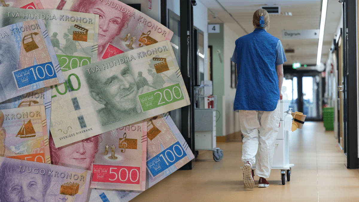 Pengar som man får i lön till vänster och en sjuksköterska till höger.