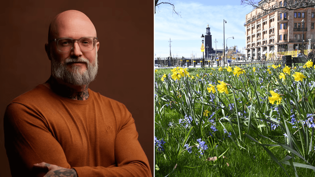 En man till vänster och blommor som blommar i maj till höger.