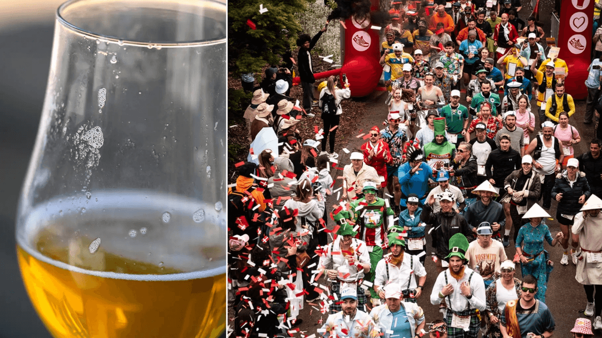Öl till vänster och löpare som dricker alkohol till höger.