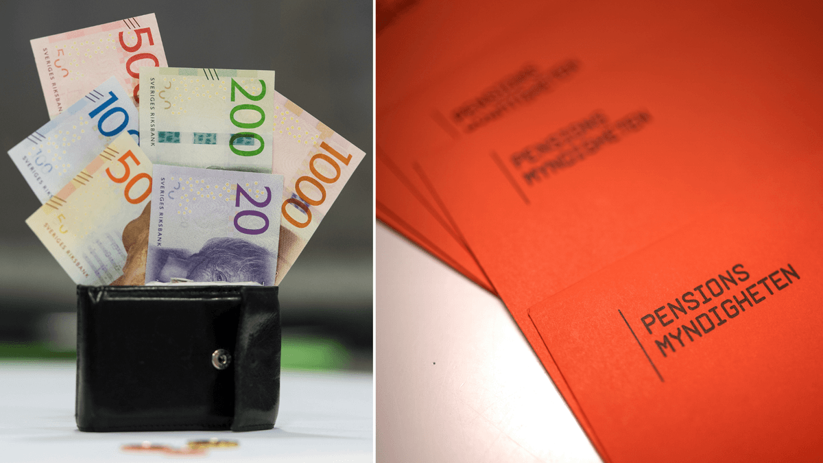 Sedlar i en plånbok till vänster och det orangea kuvertet där man får veta sin premiepension till höger.