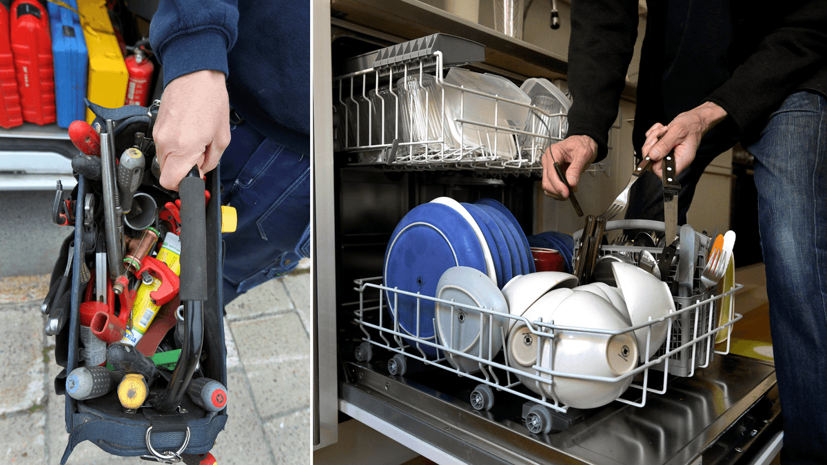 En VVS-montör till vänster och en diskmaskin som ska renoveras till höger.