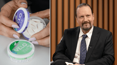 Vitt snus till vänster och en man i kostym och slips till höger.