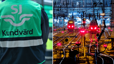 En kundvärd med SJ-väst till vänster och tåg på en tågstation i Europa till höger.