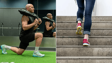 En man som tränar på gym till vänster och en kvinna som går i trappan till höger.
