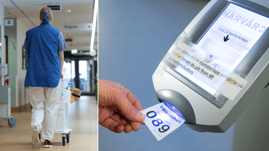 En sjuksköterska till vänster och en person som drar en nummerlapp för en vårdkö till höger.