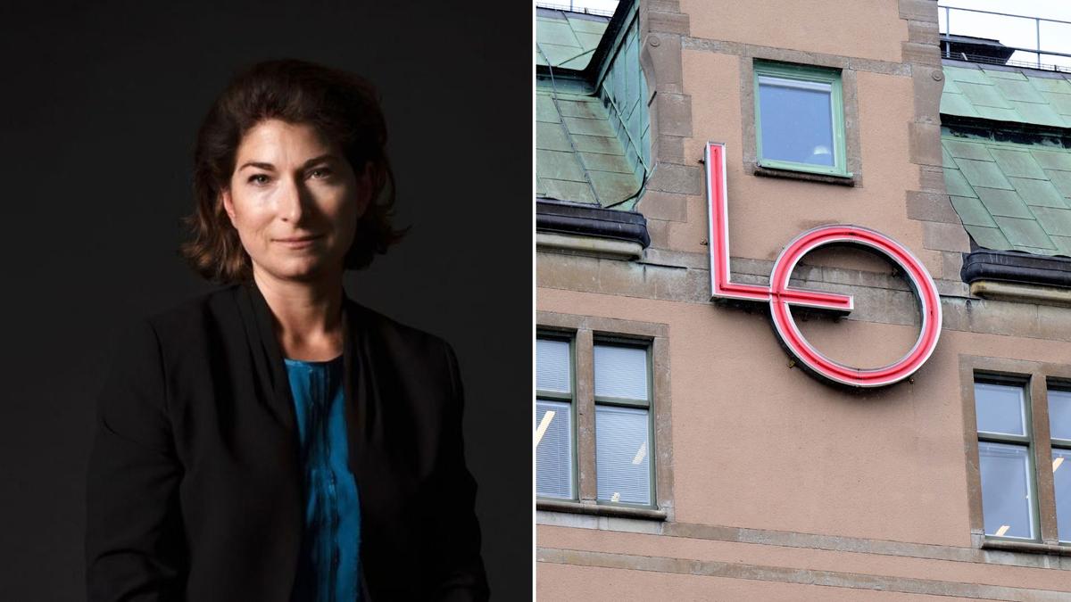 En kvinna till vänster och LO:s logga på en byggnad till höger.