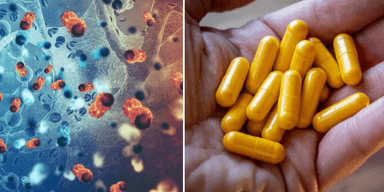 Till vänster: Celler i kroppen. Till höger: Multivitamin i en hand