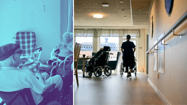 Äldre som fikar till vänster och en kvinna som arbetar i äldreomsorgen till höger.