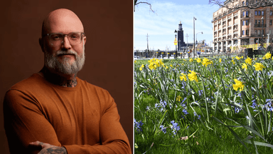En man till vänster och blommor som blommar i maj till höger.